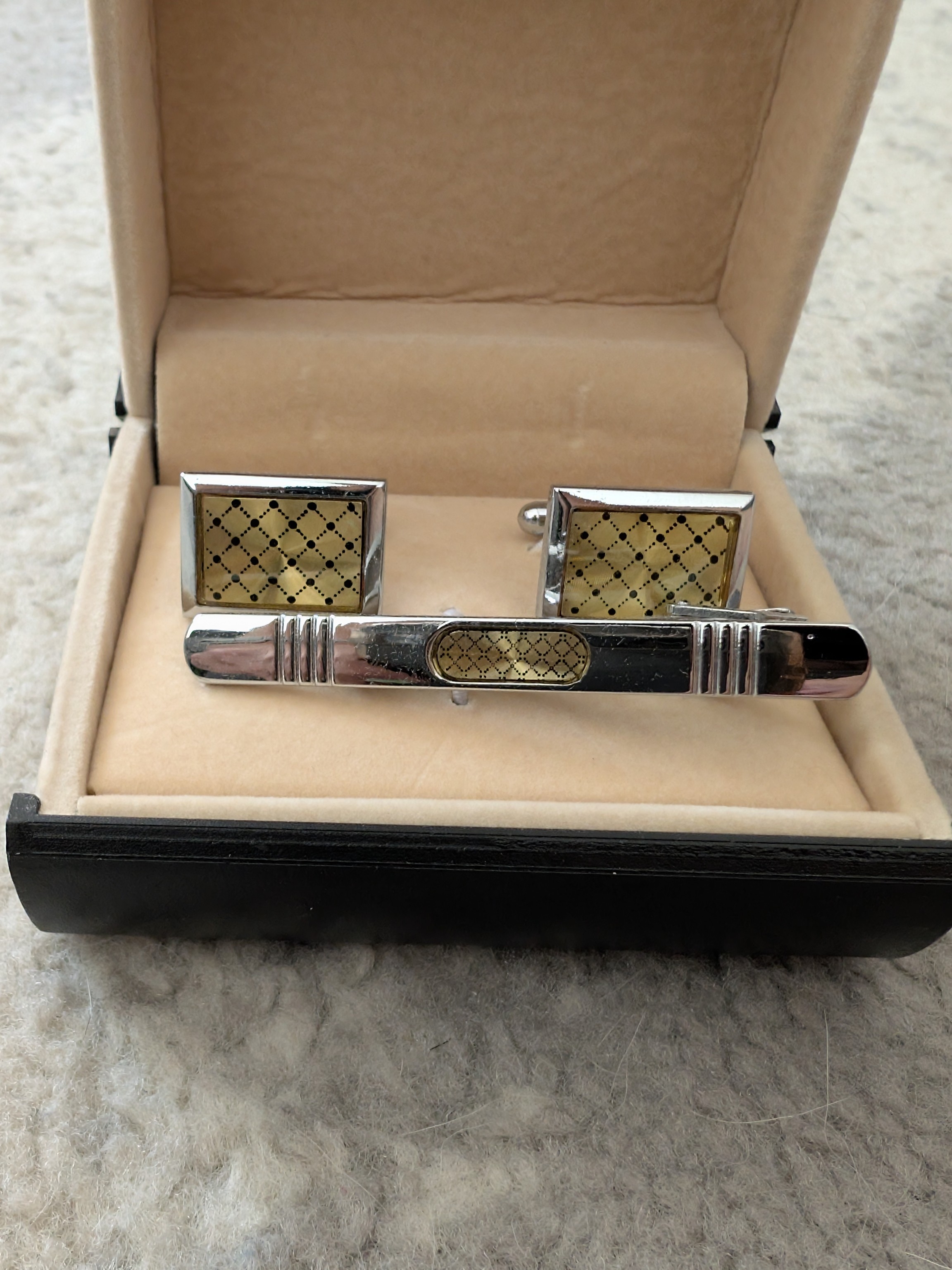 Cufflink Tie Clip Set Silver And Yellow Menâs